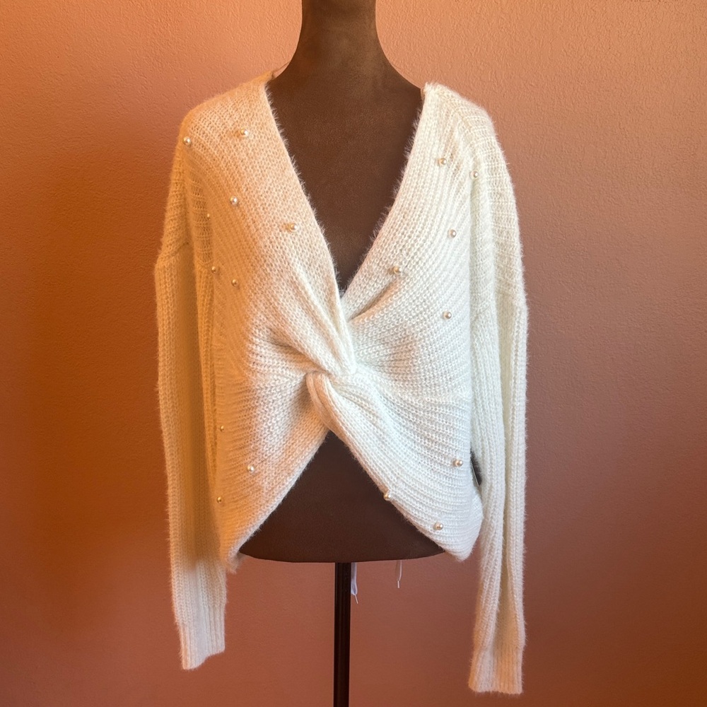 No Boundaries Cream V-Neck Sweater with Knotted Front
